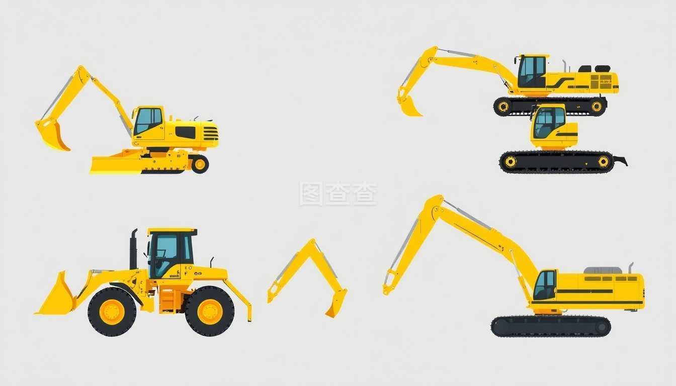 建筑设备矢量、施工工具和机械.一套独立的运输设备、推土机、装载机和挖土机平板式机械.建筑工程专用机械.建筑设备、建筑机械